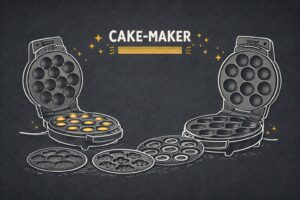 Strichgrafik eines Cakemakers mit austauschbaren Backeinsätzen auf dunklem Hintergrund