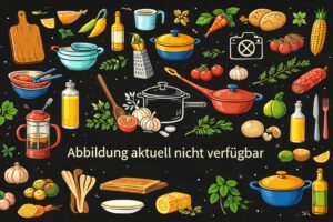 Dunkle Food-Illustration mit K&uuml;chenutensilien und Hinweis &bdquo;Abbildung aktuell nicht verf&uuml;gbar&ldquo;