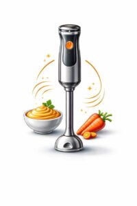 Illustration eines P&uuml;rierstabs mit Suppe und Gem&uuml;se auf hellem Hintergrund