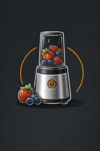 Minimalistische Illustration eines Smoothiemakers mit Beeren auf dunklem Hintergrund