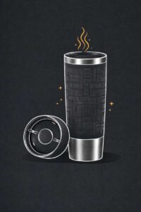 Minimalistische Strichzeichnung einer isolierten Trinkflasche mit Deckel auf dunklem Hintergrund