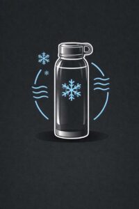 Strichgrafik einer Trinkflasche mit K&uuml;hlfunktion und Schneeflockensymbol auf dunklem Hintergrund