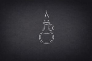 Minimalistische Strichgrafik einer Balsamico-Flasche mit Griff auf dunklem Hintergrund