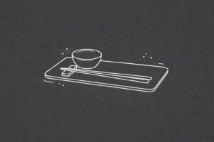 Minimalistische Strichgrafik eines japanischen Geschirrsets mit Platte, Sch&auml;lchen und Essst&auml;bchen auf dunklem Hintergrund